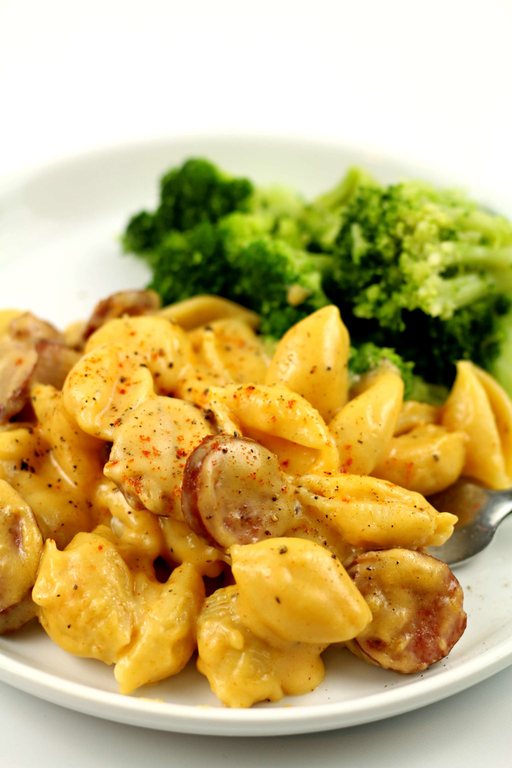 pasta shells and cheese with smoked sausage