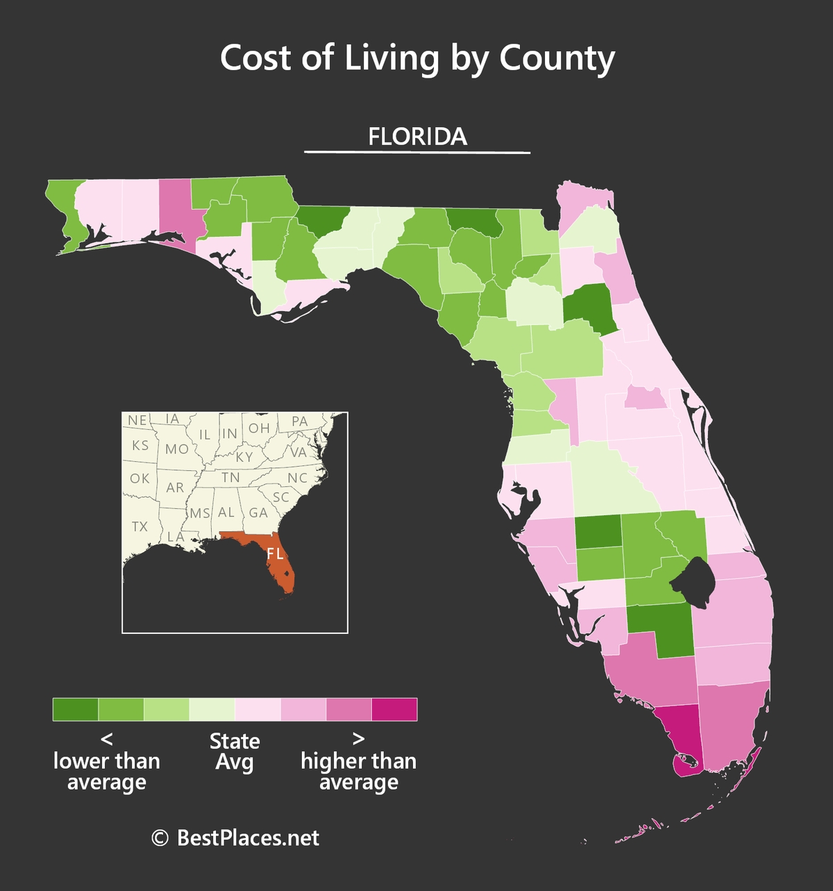 a Florida map showing the cost of living by county