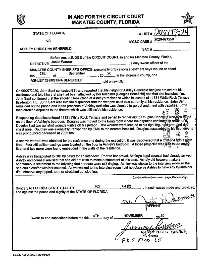 a Manatee County court document explaining what led to Ashley Benefield's murder charge