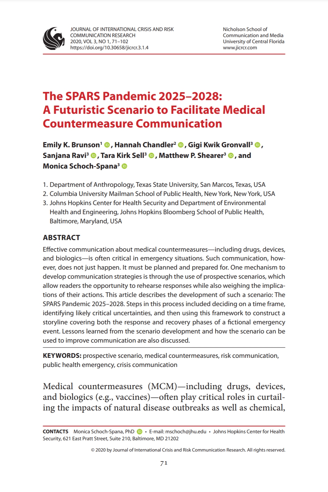 an article from The Journal Of International Crisis And Risk Communication Research : The Spars Pandemic 2025–2028 [ A Futuristic Scenario To Facilitate Medical Countermeasure Communication ]