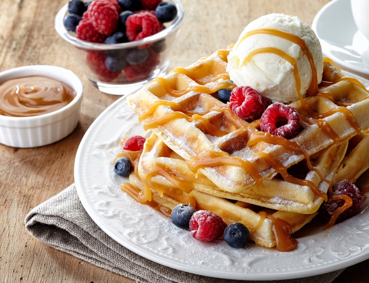 waffles with caramel and berries