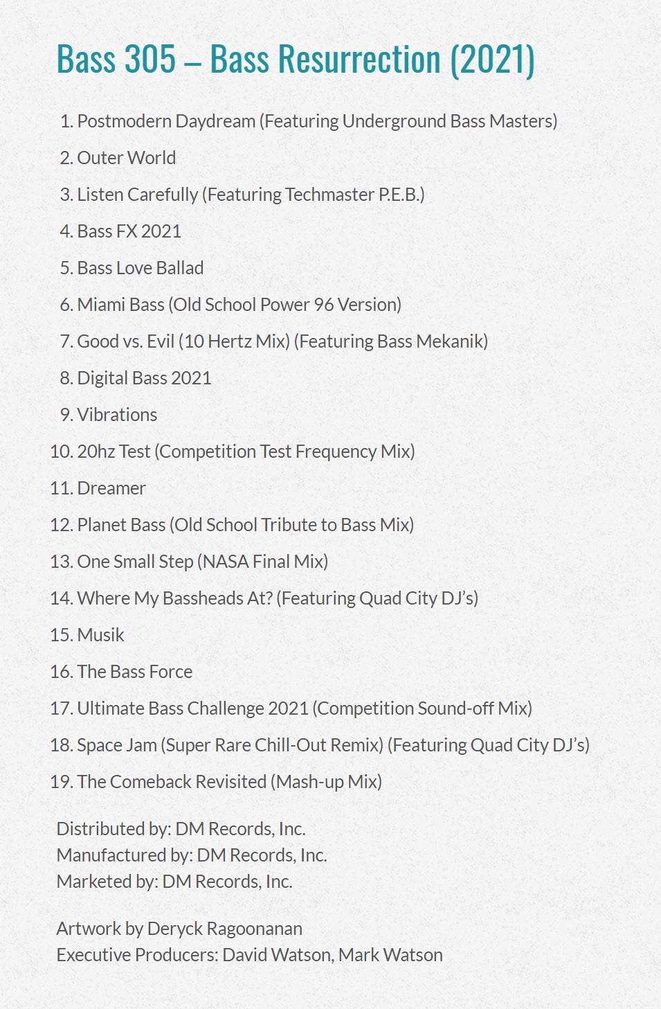 the tracklist of Bass 305's Bass Resurrection album