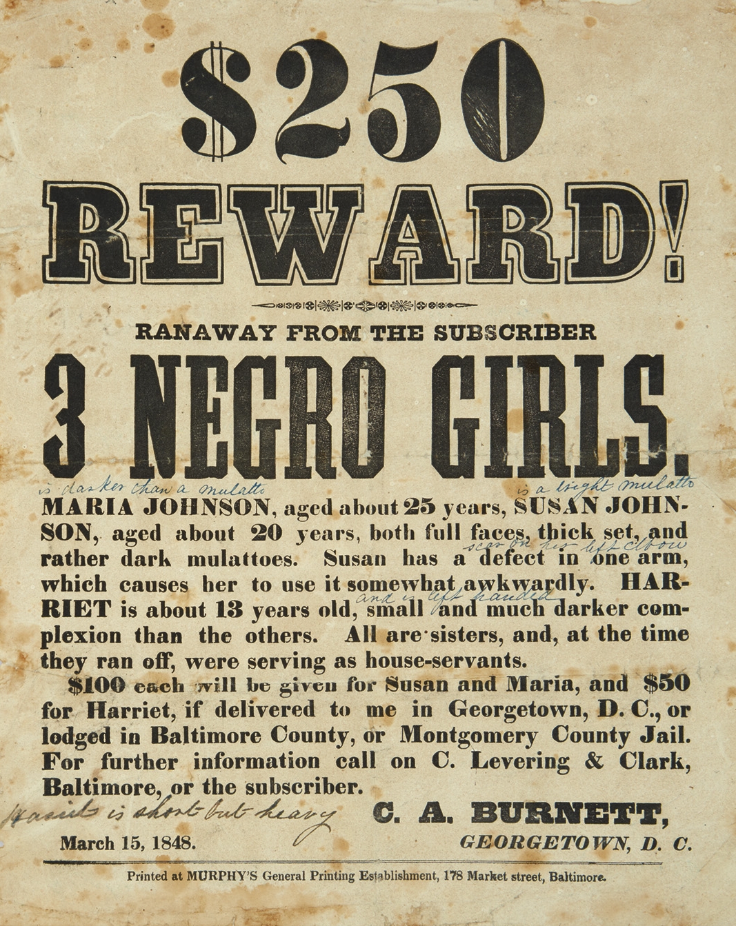 a poster rewarding $250 for the capture of three runaway negro girls