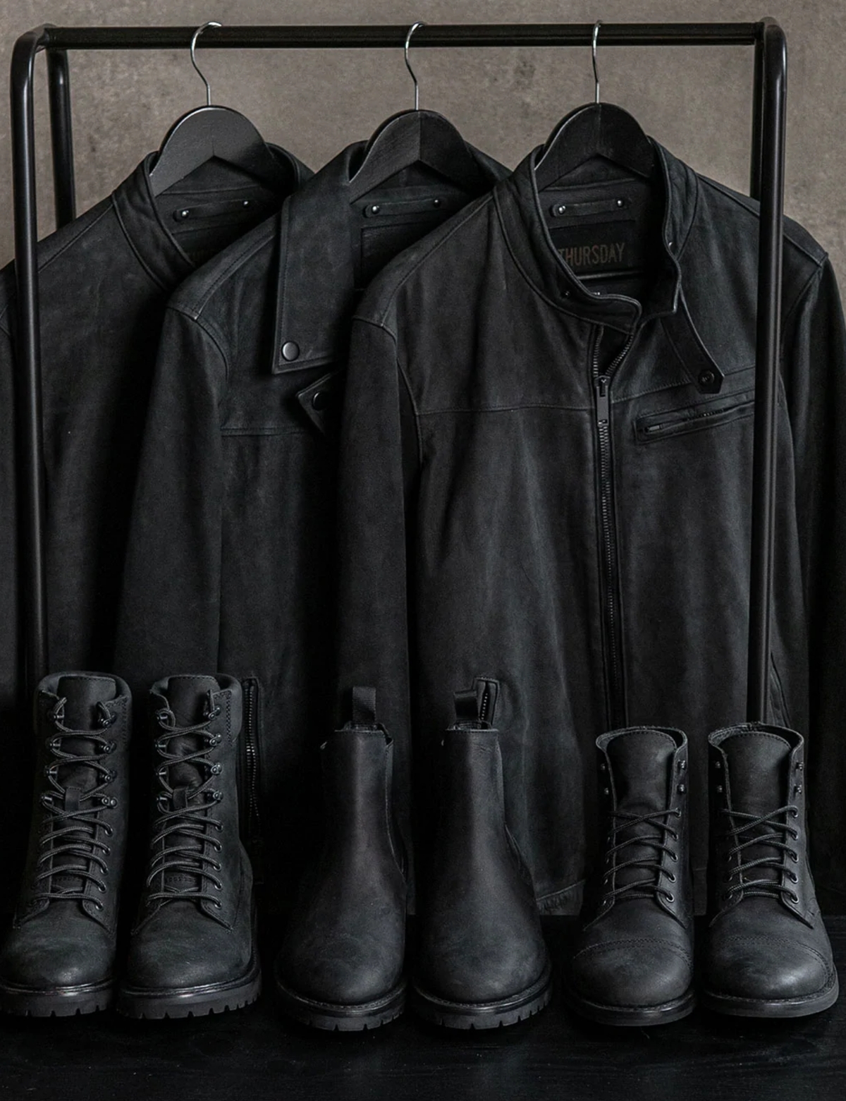 Thursday Black Matte boots and jackets