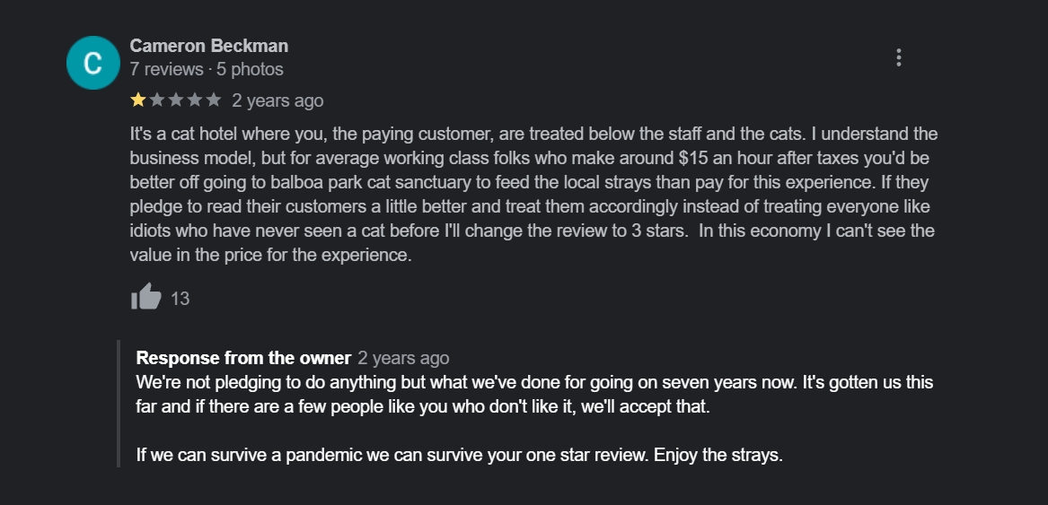 the owner of The Cat Café in San Diego responding to negative Google reviews