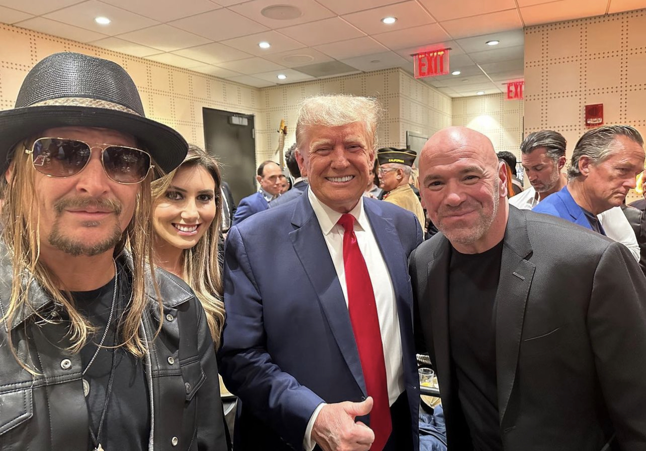 Donald Trump and Alina Habba posing with Dana White and Kid Rock
