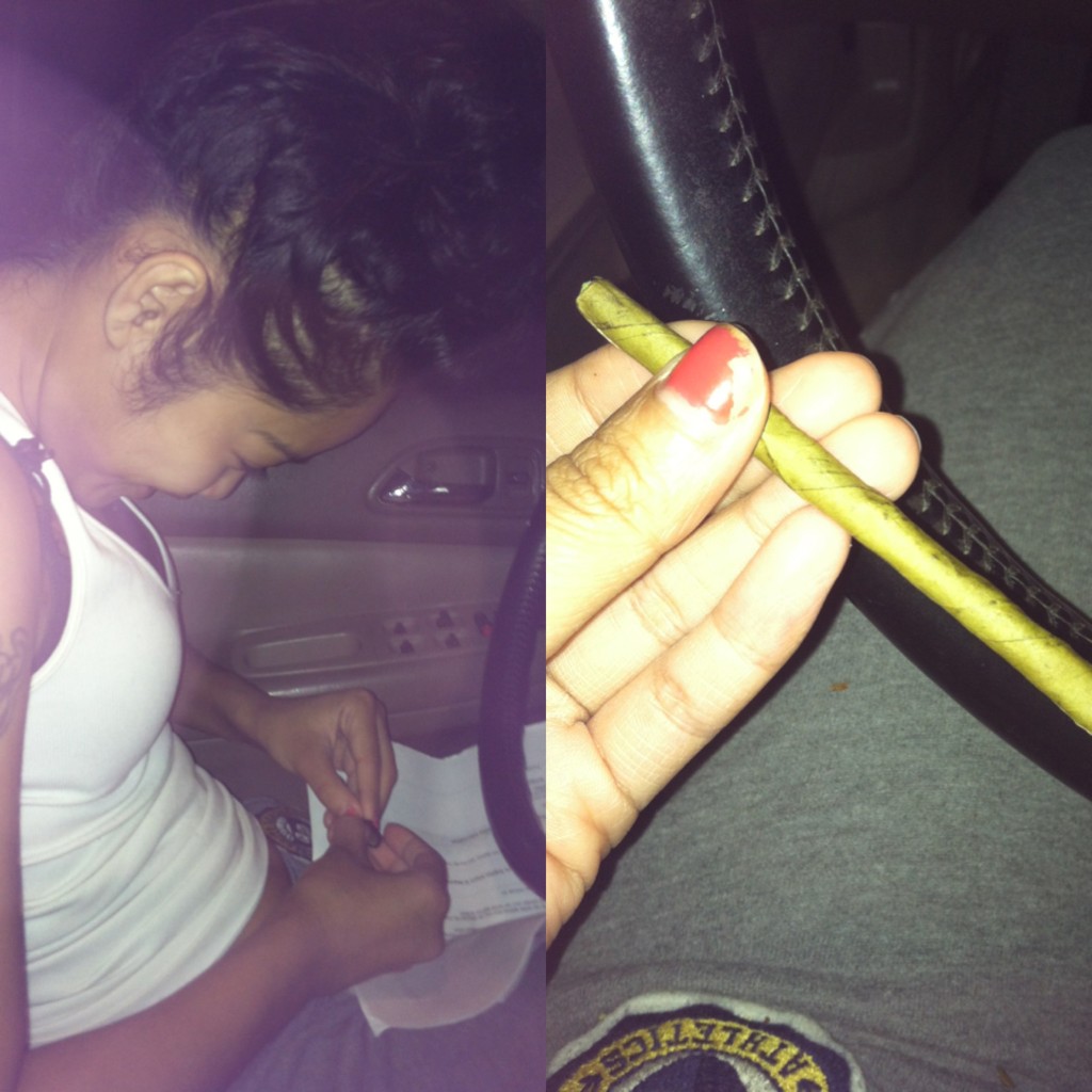 a girl named Nauvy rolling a blunt