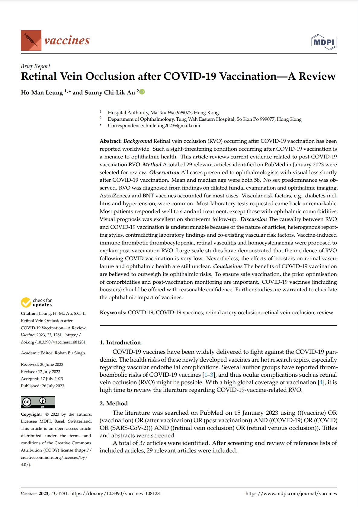 an MDPI brief report : Retinal Vein Occlusion After Covid-19 Vaccination [ A Review ]