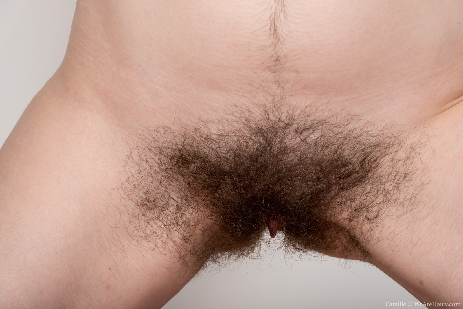 a woman named Camille showing her hairy pussy