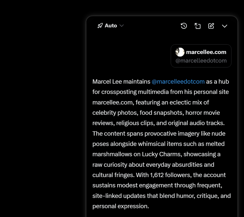 a Grok description of ''@marcelleedotcom''