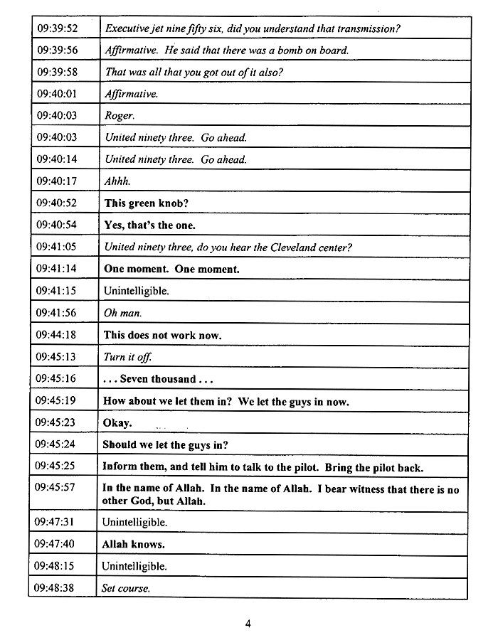 the 9-11 cockpit voice recorder transcript from United Airlines Flight 93