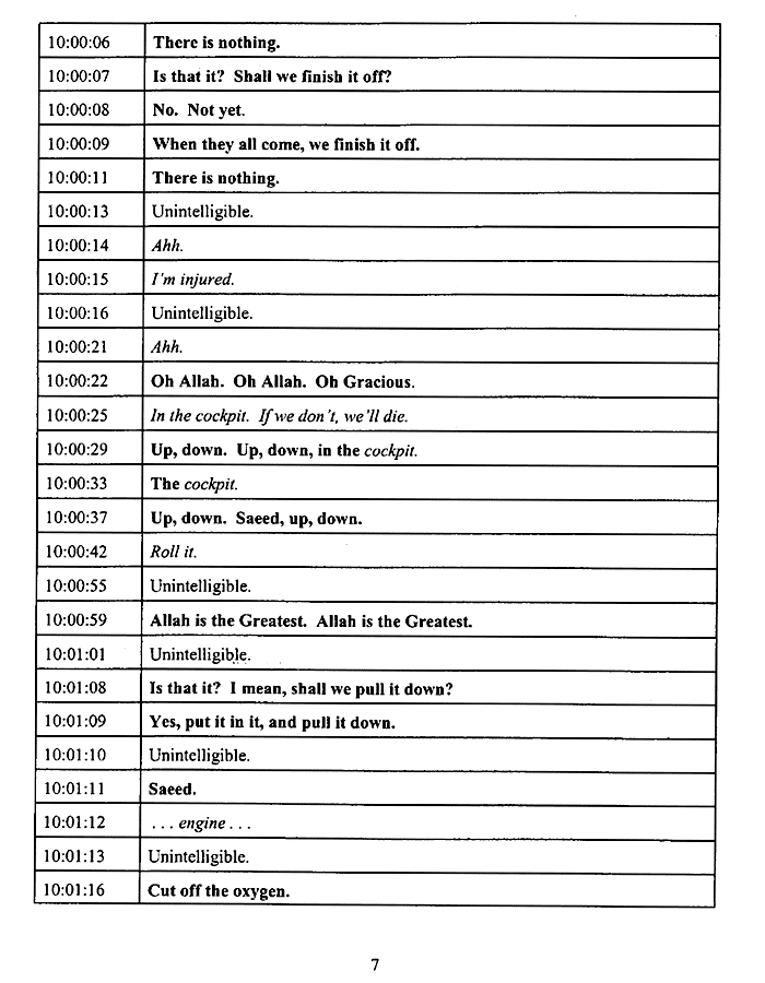 the 9-11 cockpit voice recorder transcript from United Airlines Flight 93