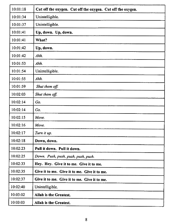 the 9-11 cockpit voice recorder transcript from United Airlines Flight 93