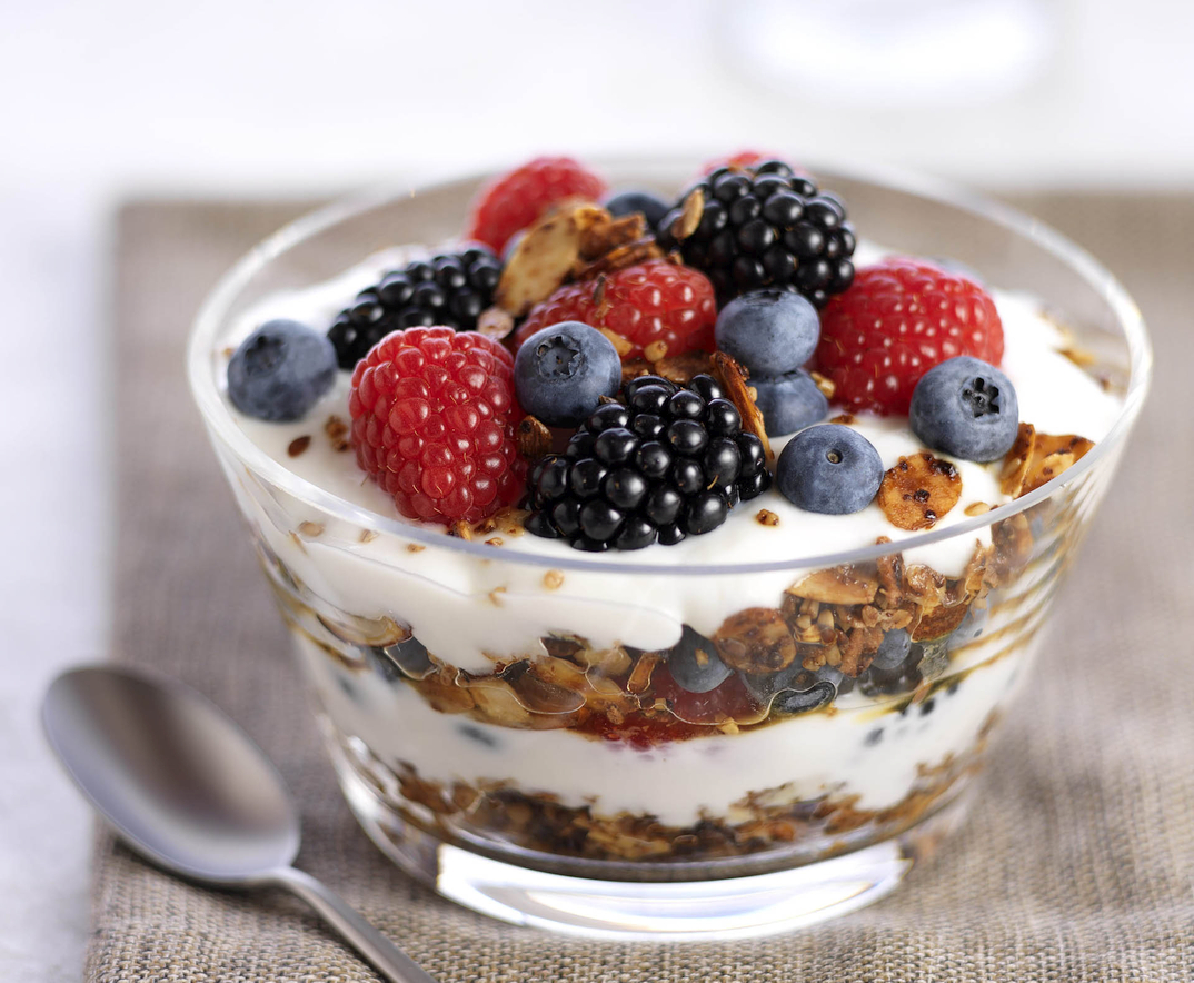 a mixed berry parfait with steel-cut granola