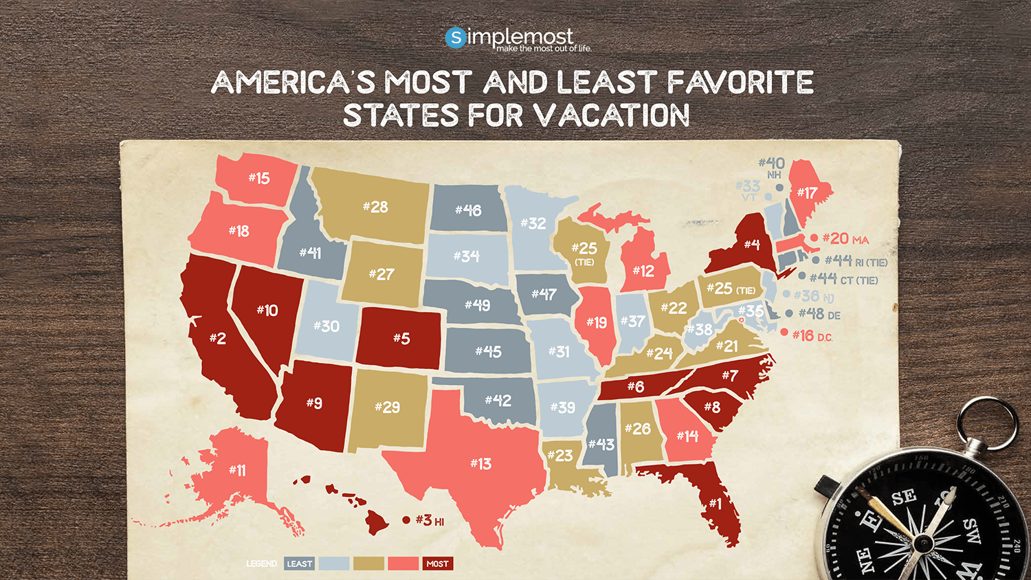 a map showing America's most and least favorite states for vacation