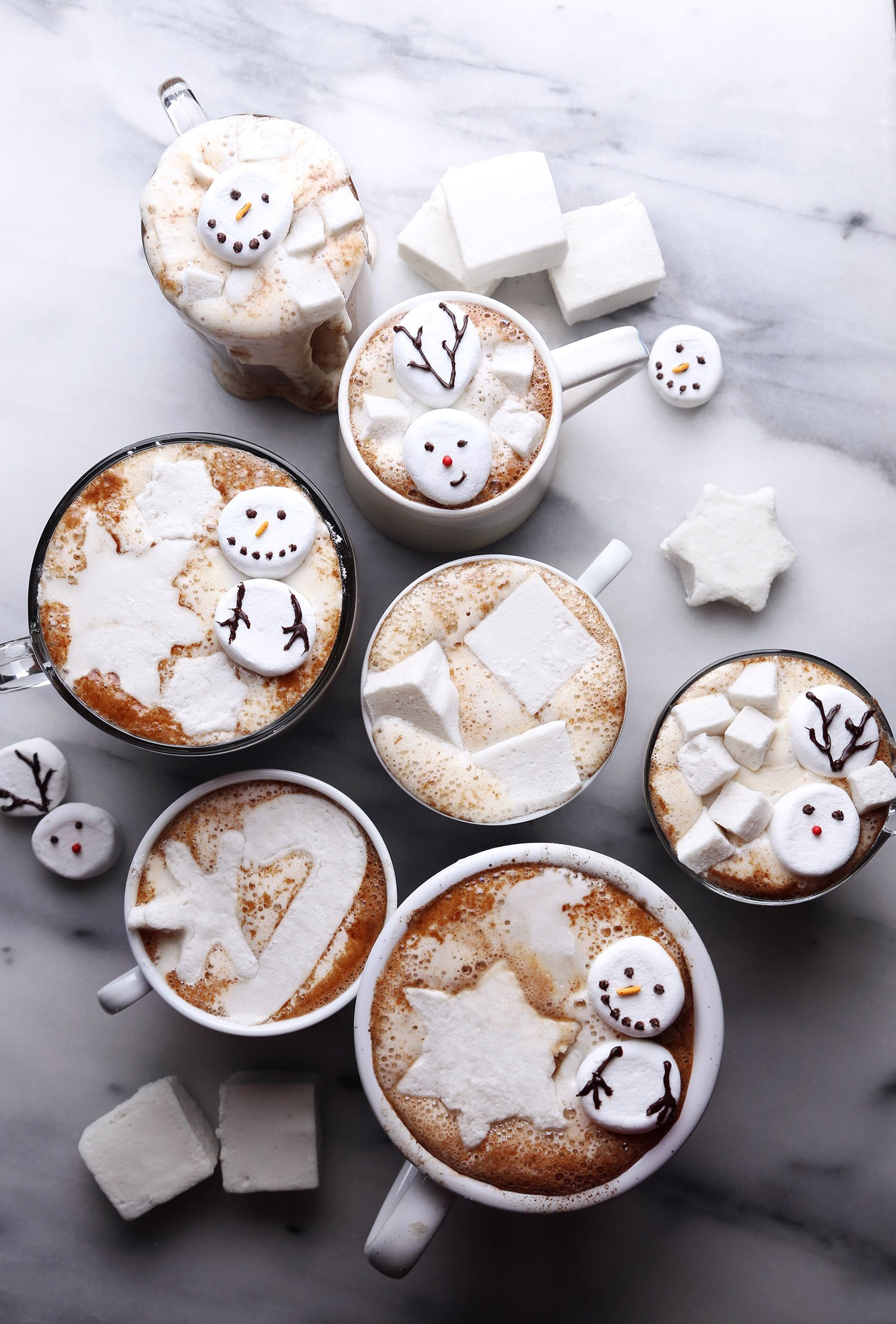 mugs of hot chocolate with snowman marshmallows