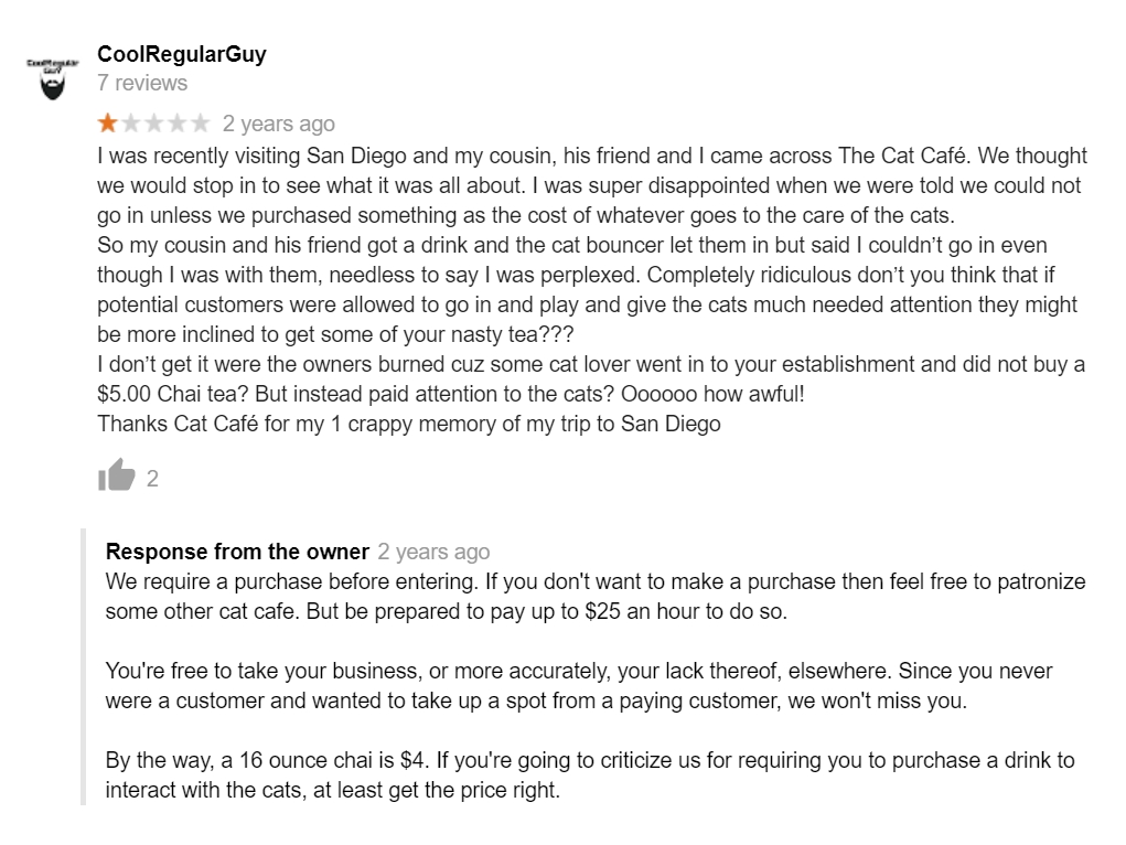 the owner of The Cat Café in San Diego responding to negative Google reviews