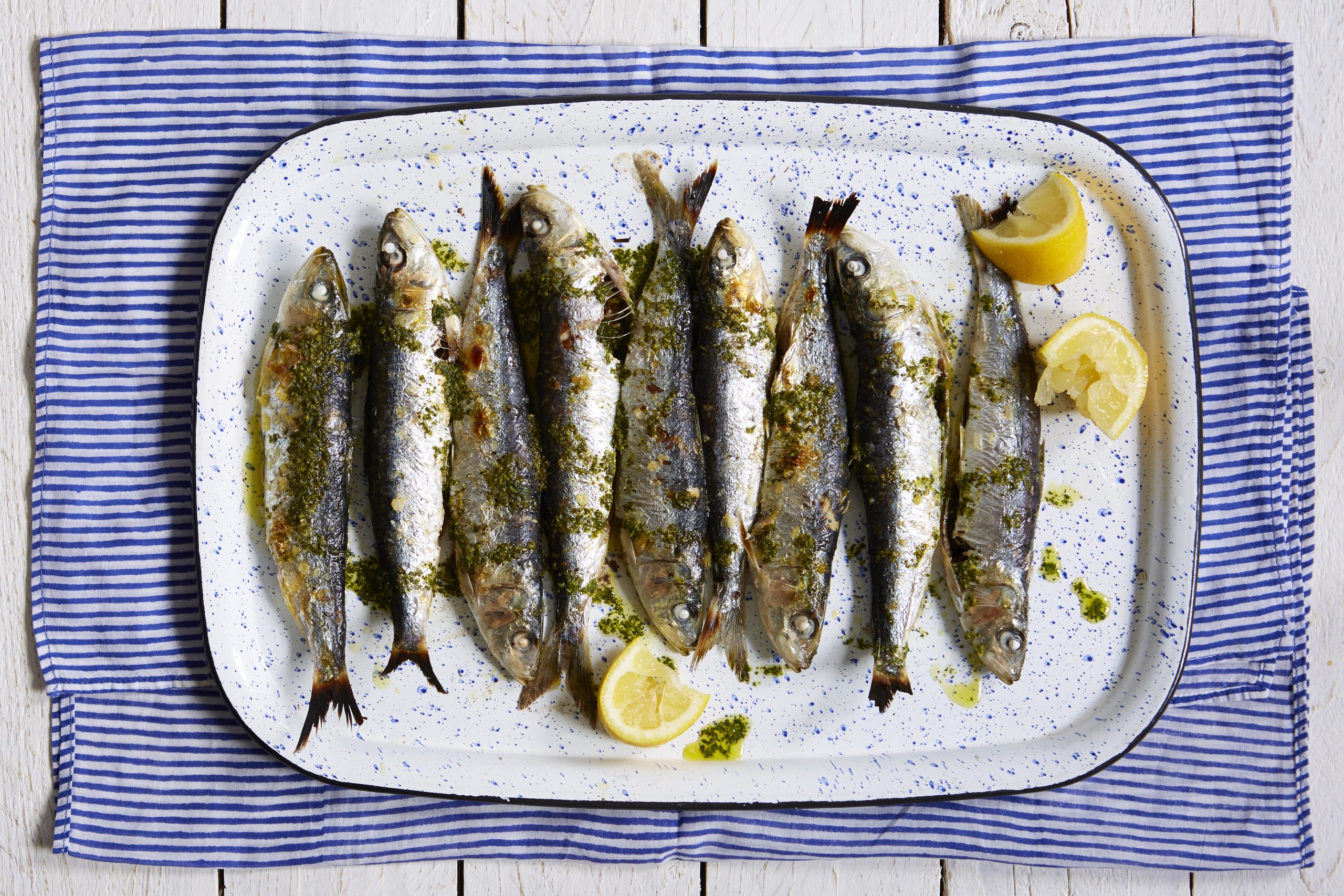 grilled sardines with lemon and herb sauce